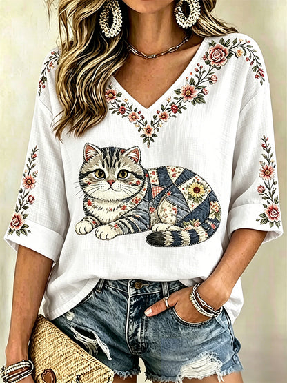 Blusa casual com estampa de gato e flores, decote em V, para mulheres