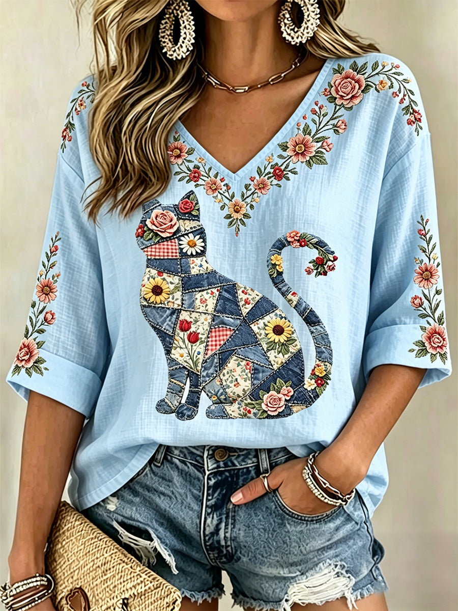 Blusa casual com estampa de gato e flores, decote em V, para mulheres