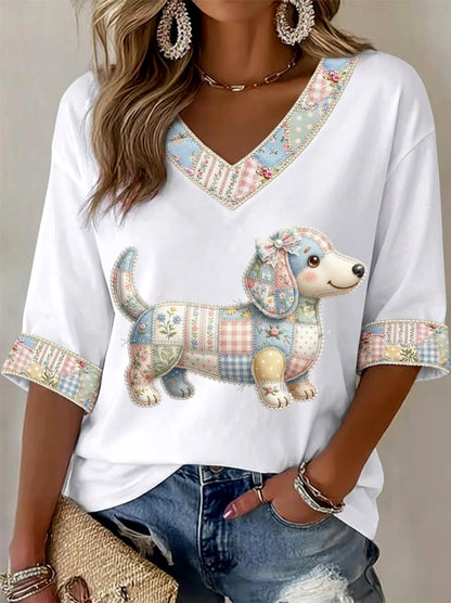 Camiseta Casual com Estampa de Cães e Flores, Gola em V, para Mulheres