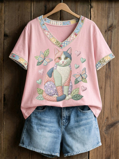 Camiseta Casual com Estampa de Gato e Florais, Gola em V, Feminina