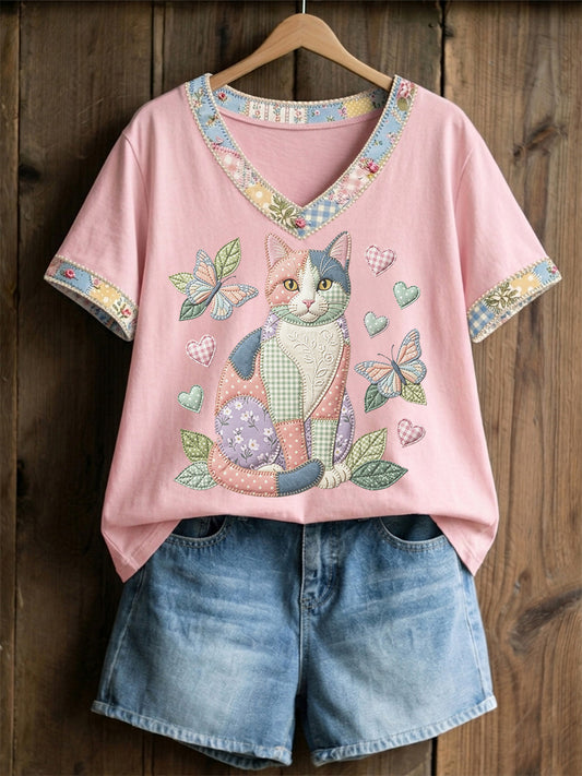 Camiseta Casual com Estampa de Gato e Florais, Gola em V, Feminina