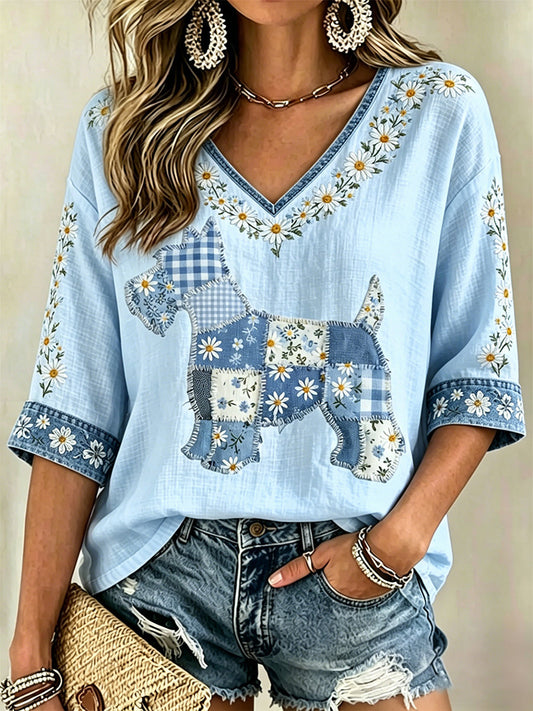 Blusa casual com estampa de cães e flores, decote em V, para mulheres