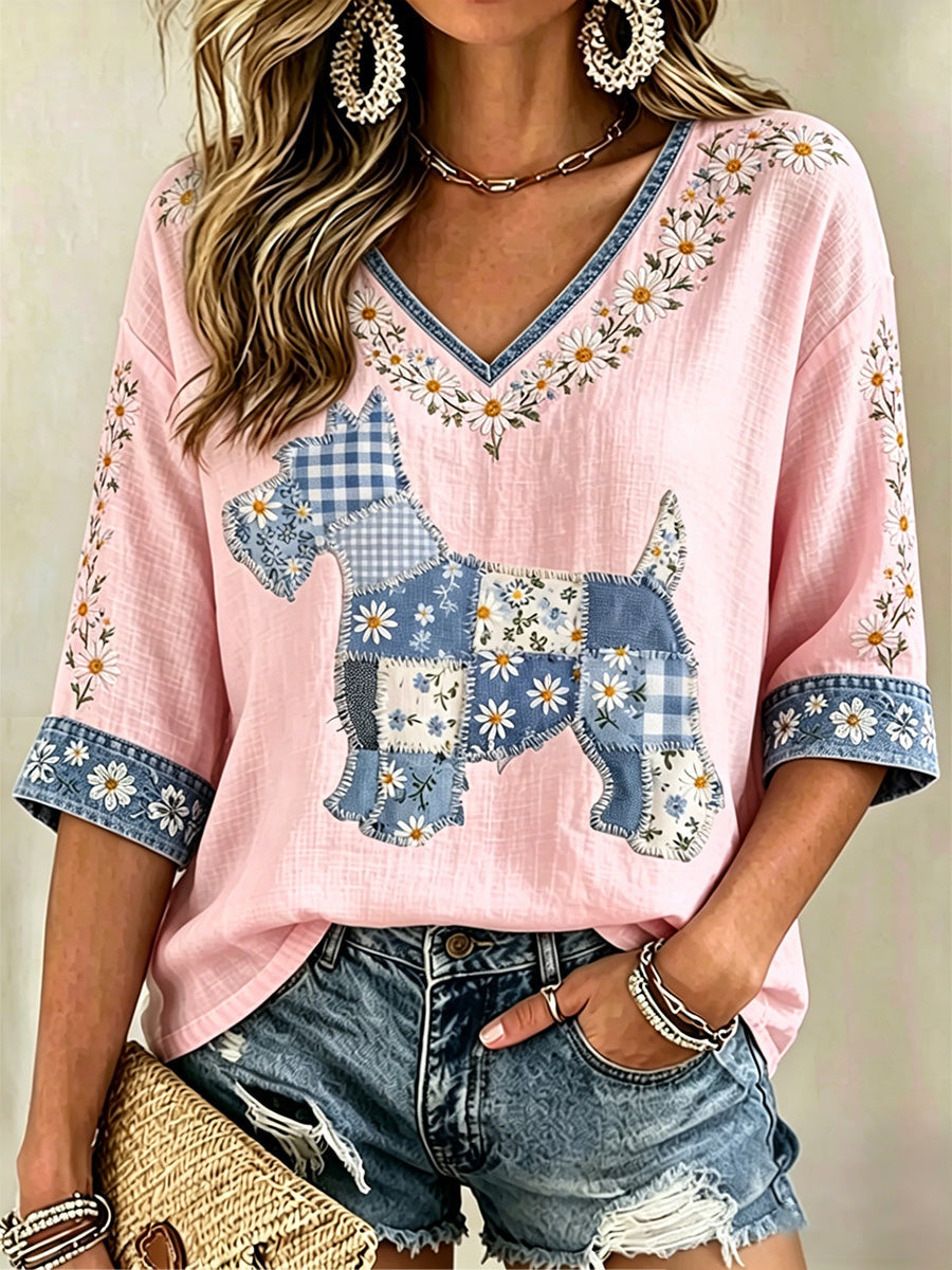 Blusa casual com estampa de cães e flores, decote em V, para mulheres