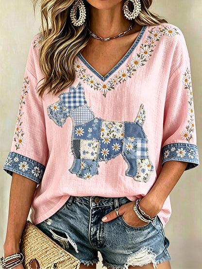 Blusa casual com estampa de cães e flores, decote em V, para mulheres