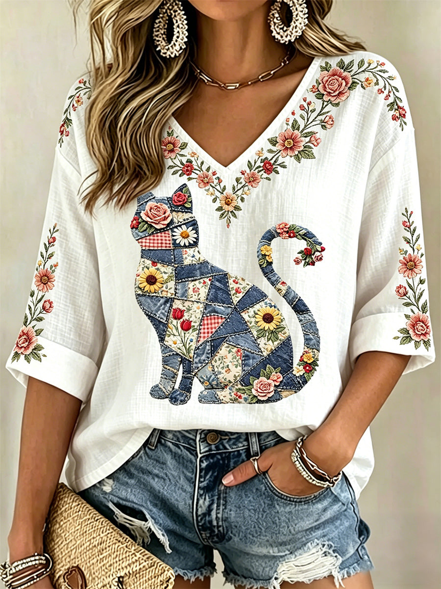 Blusa casual com estampa de gato e flores, decote em V, para mulheres