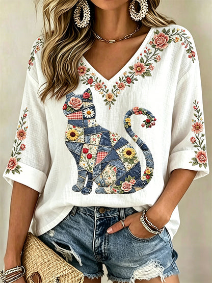 Blusa casual com estampa de gato e flores, decote em V, para mulheres