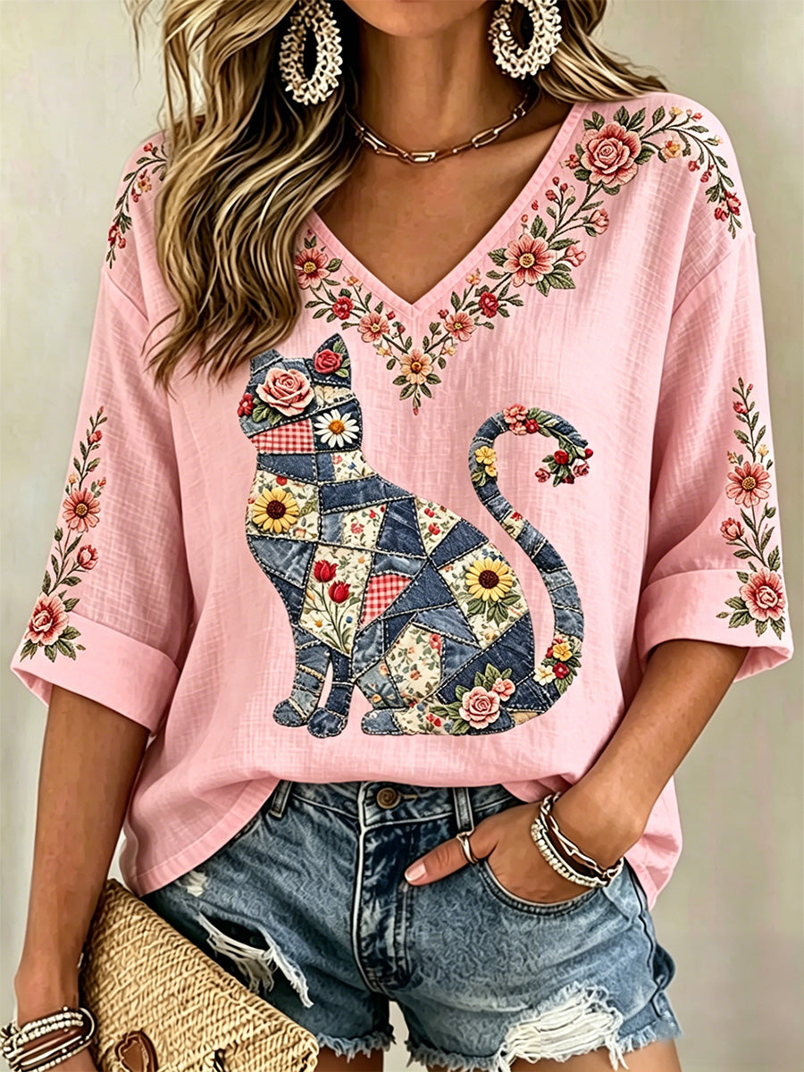 Blusa casual com estampa de gato e flores, decote em V, para mulheres