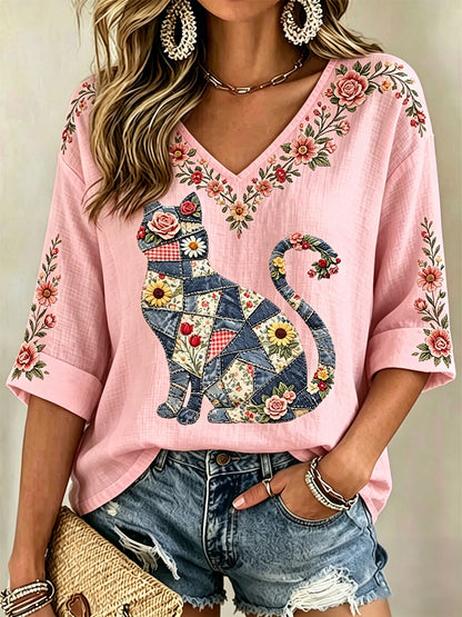 Blusa casual com estampa de gato e flores, decote em V, para mulheres
