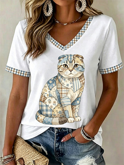 Camiseta Casual com Estampa de Gato e Florais, Gola em V, Feminina