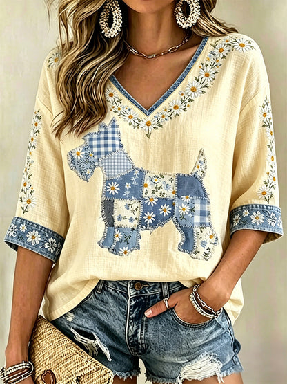 Blusa casual com estampa de cães e flores, decote em V, para mulheres