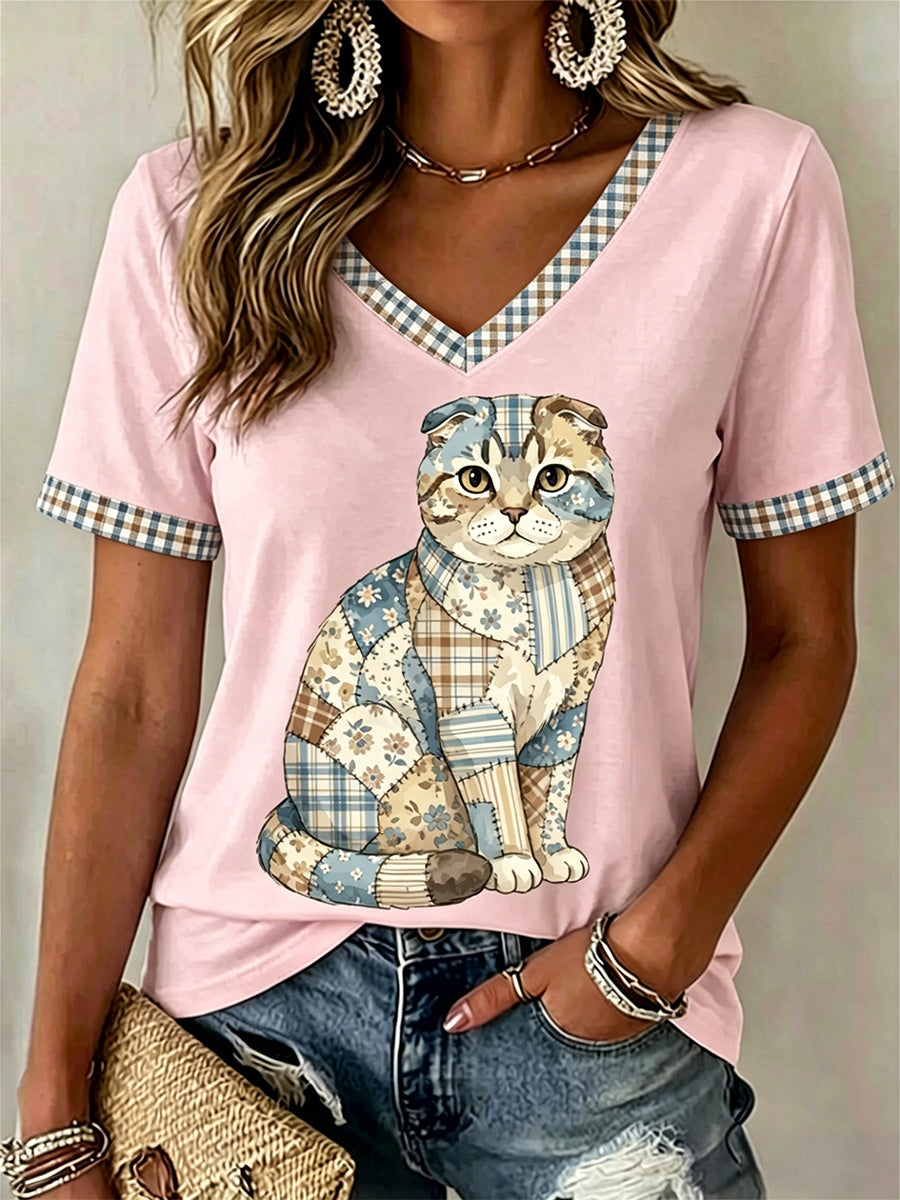 Camiseta Casual com Estampa de Gato e Florais, Gola em V, Feminina