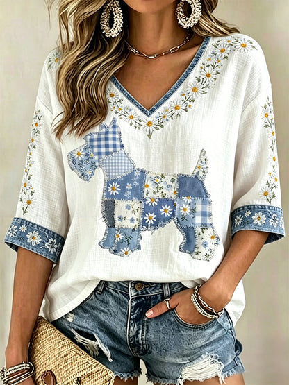 Blusa casual com estampa de cães e flores, decote em V, para mulheres
