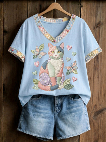 Camiseta Casual com Estampa de Gato e Florais, Gola em V, Feminina