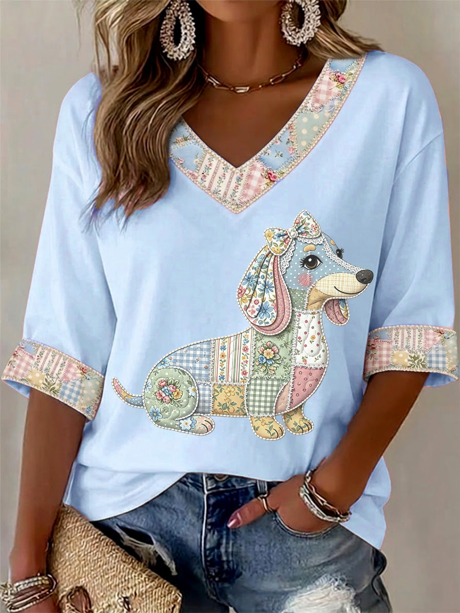 Camiseta Casual com Estampa de Cães e Flores, Gola em V, para Mulheres
