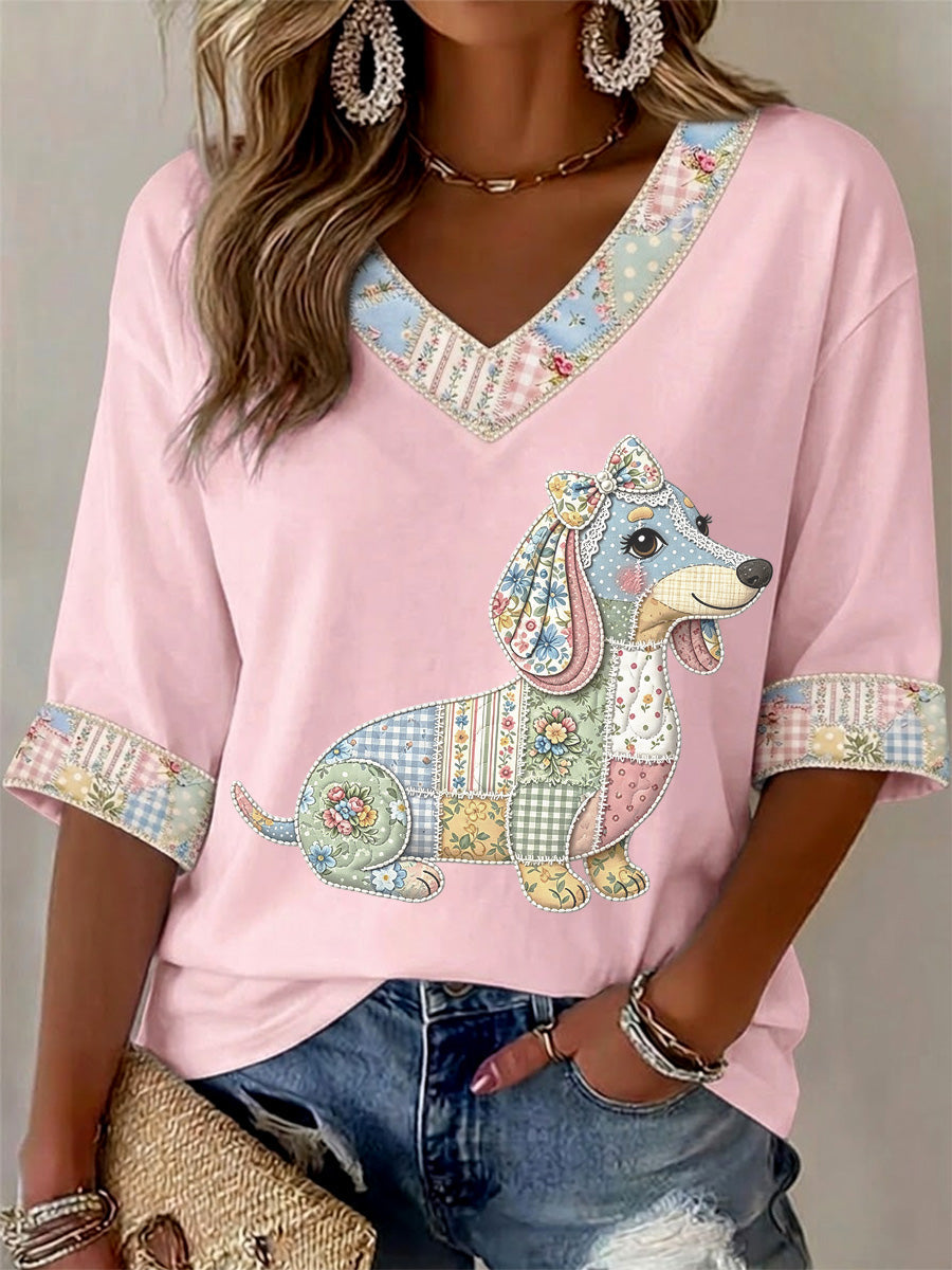 Camiseta Casual com Estampa de Cães e Flores, Gola em V, para Mulheres