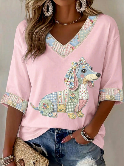 Camiseta Casual com Estampa de Cães e Flores, Gola em V, para Mulheres