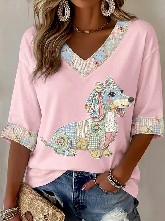 Camiseta Casual com Estampa de Cães e Flores, Gola em V, para Mulheres