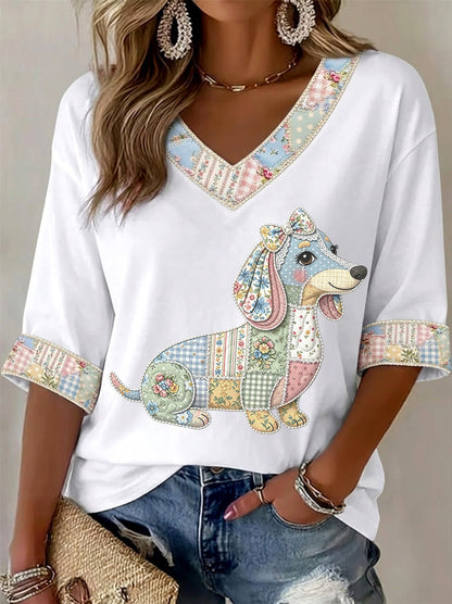 Camiseta Casual com Estampa de Cães e Flores, Gola em V, para Mulheres