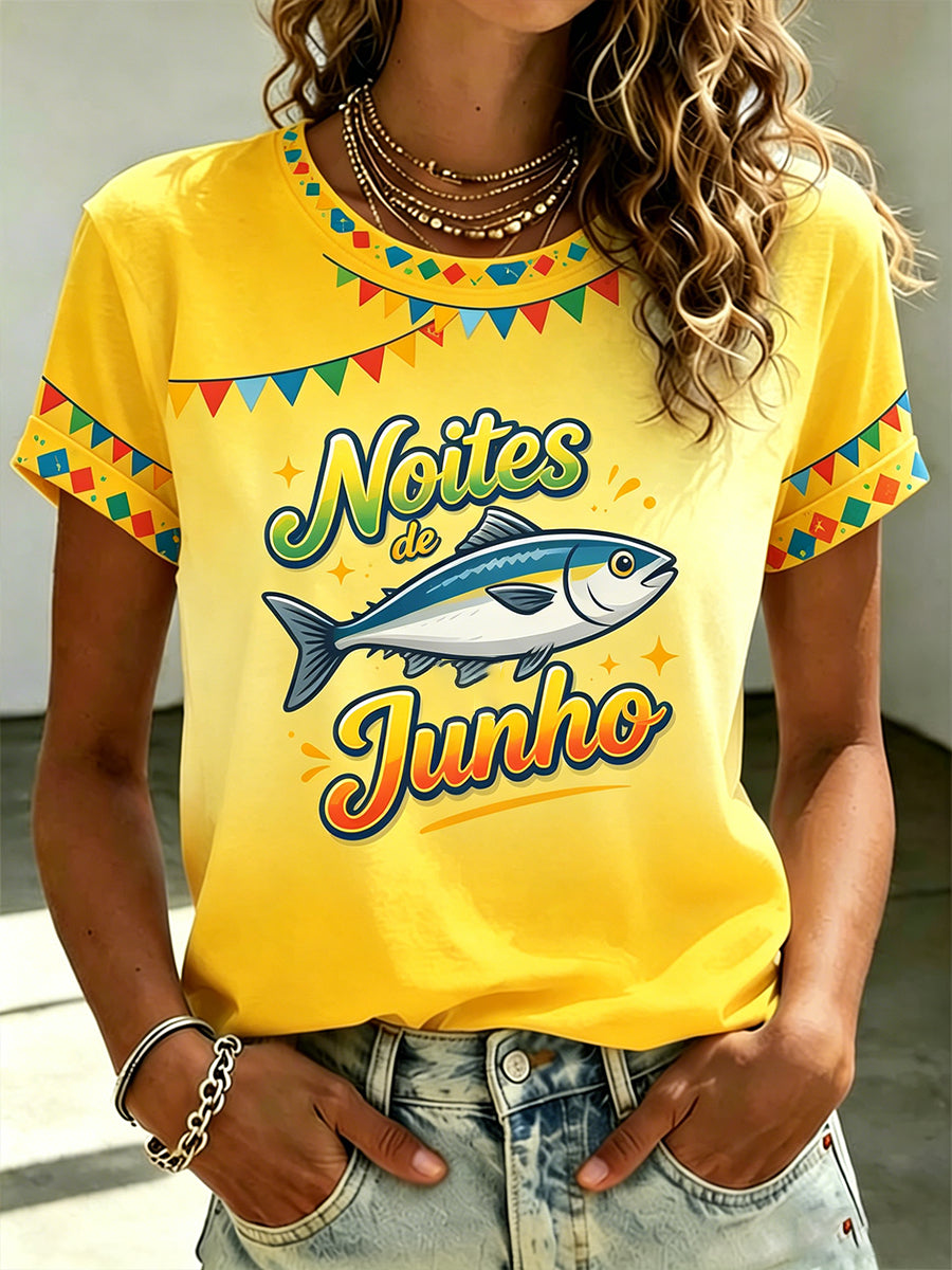 Camiseta Casual com Estampa de Elementos do Dia dos Santos para Senhoras