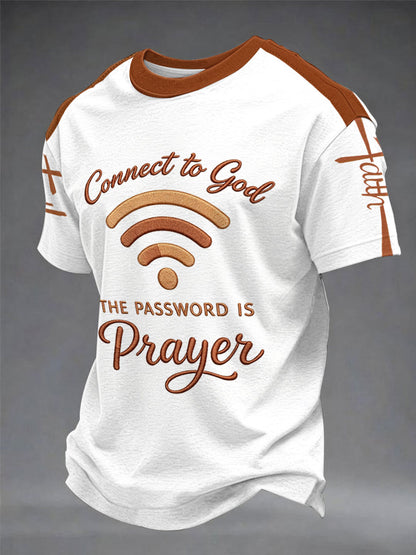 Camiseta casual impressa masculina "Conecte-se a Deus, a senha é oração"