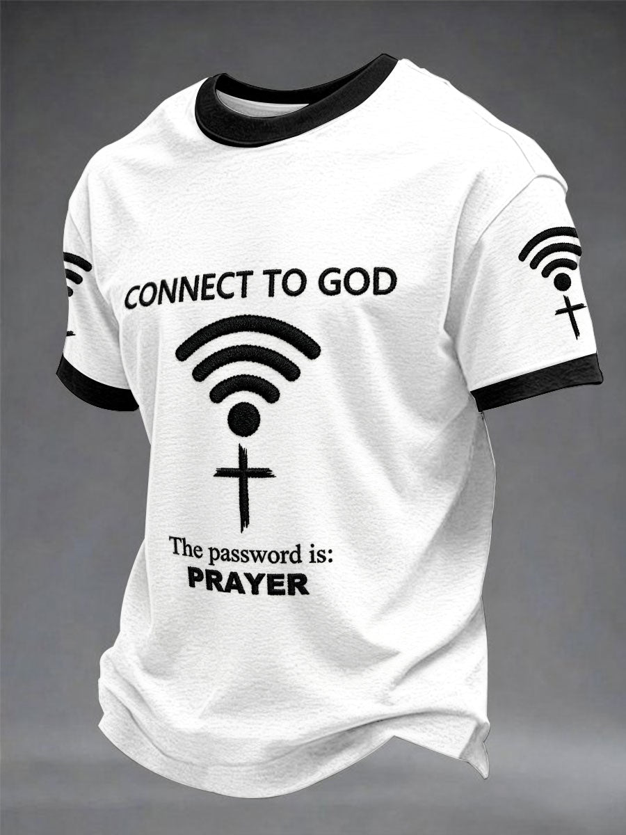 Camiseta casual estampada para homens com a frase “Conecte-se a Deus, a senha é a oração”