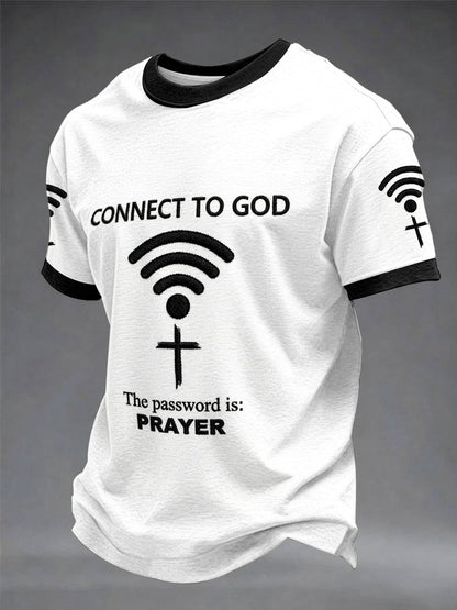 Camiseta casual estampada para homens com a frase “Conecte-se a Deus, a senha é a oração”