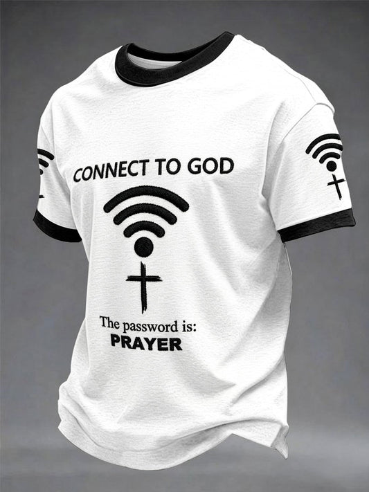 Camiseta casual estampada para homens com a frase “Conecte-se a Deus, a senha é a oração”