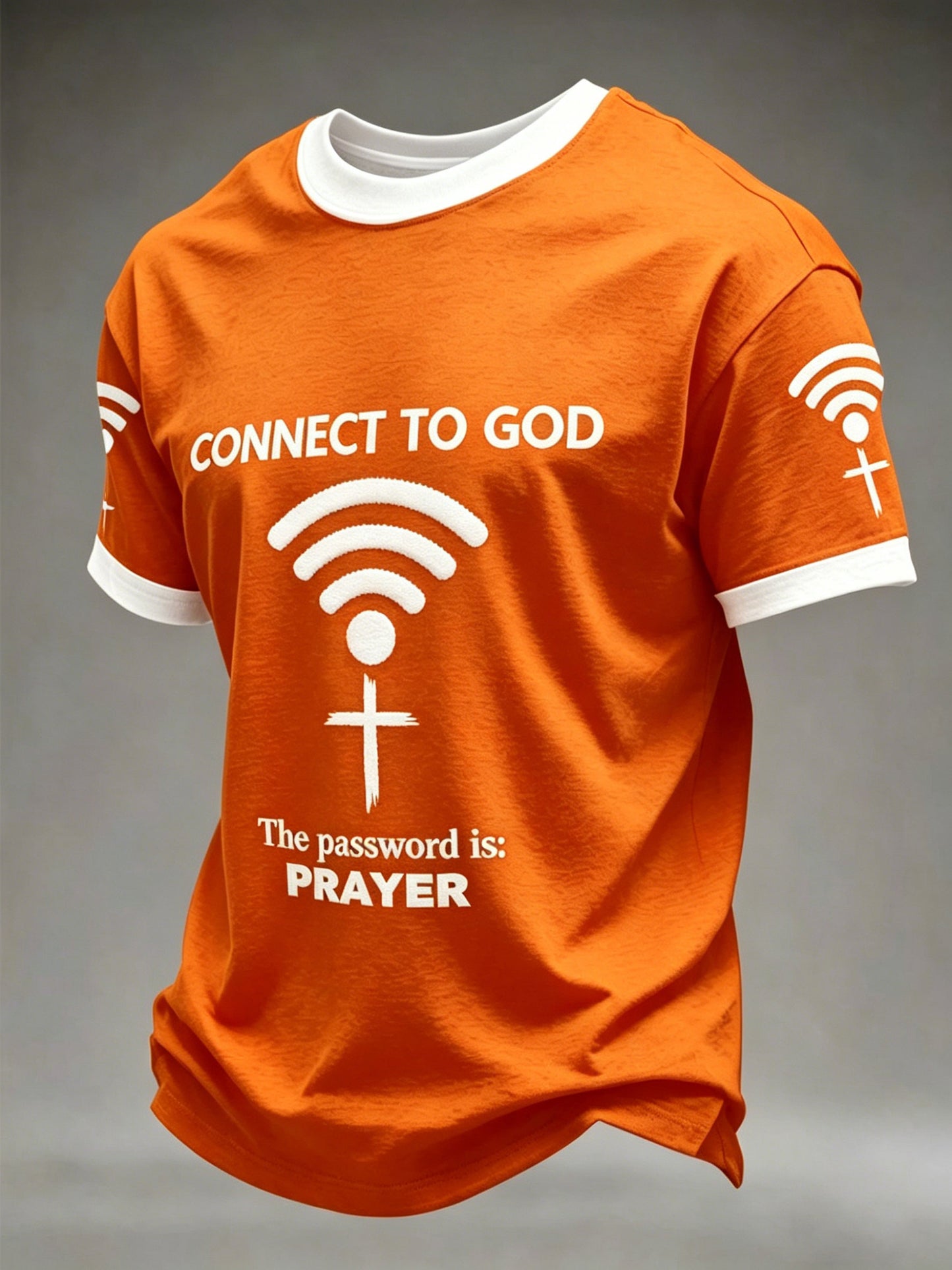 Camiseta casual estampada para homens com a frase “Conecte-se a Deus, a senha é a oração”