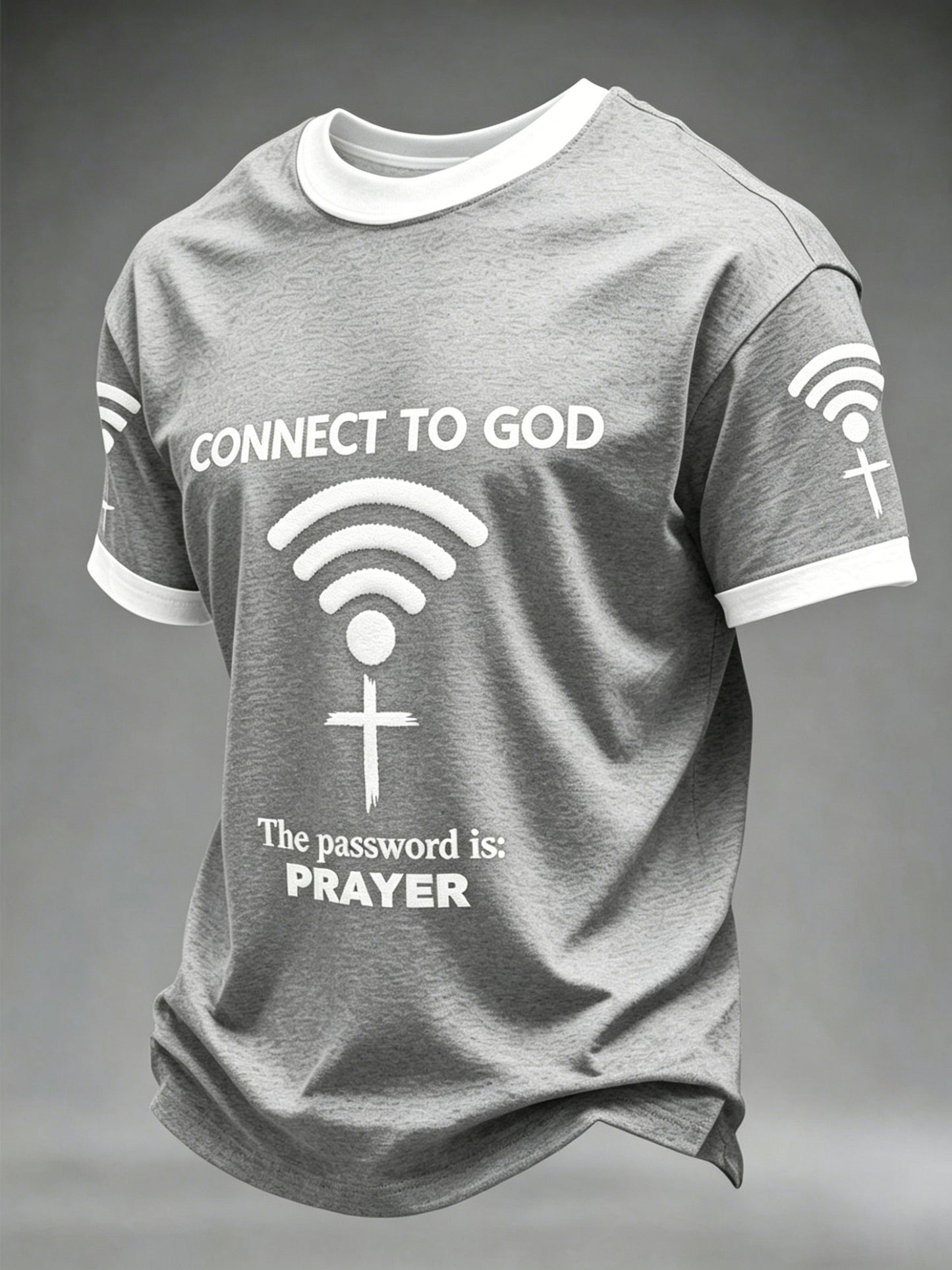 Camiseta casual estampada para homens com a frase “Conecte-se a Deus, a senha é a oração”