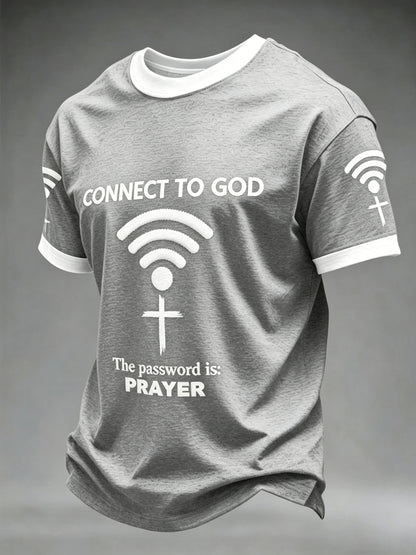 Camiseta casual estampada para homens com a frase “Conecte-se a Deus, a senha é a oração”