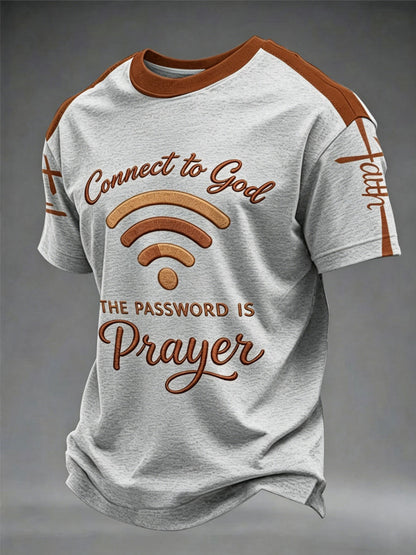 Camiseta casual impressa masculina "Conecte-se a Deus, a senha é oração"