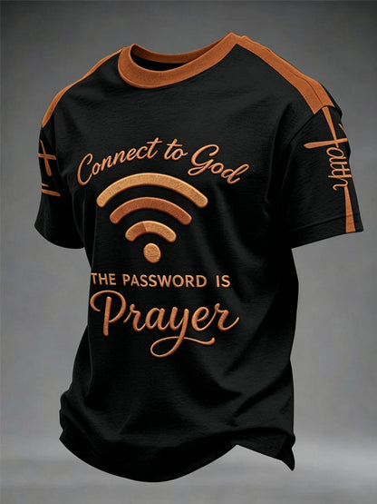Camiseta casual impressa masculina "Conecte-se a Deus, a senha é oração"