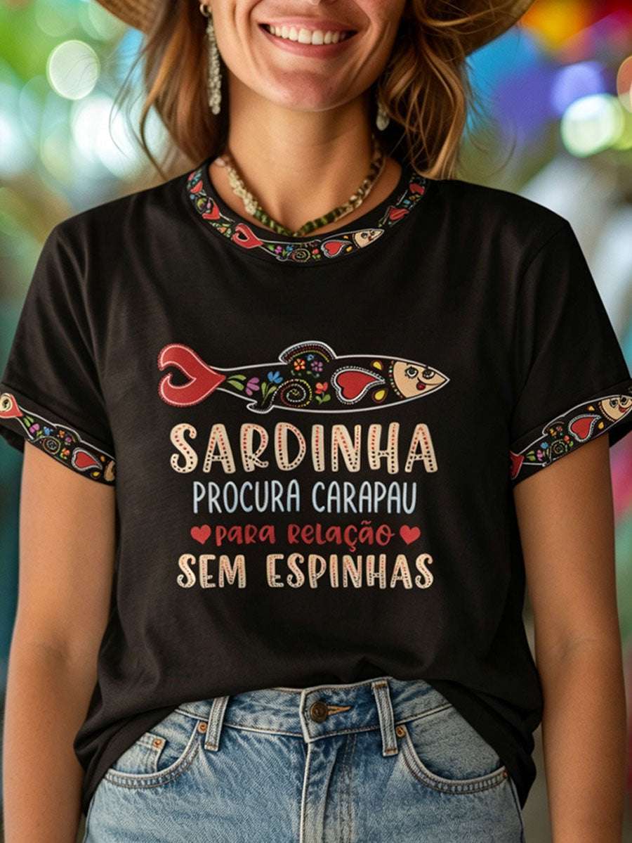 Women's Santos Populares Sardinha Art Impresso T-Shirt