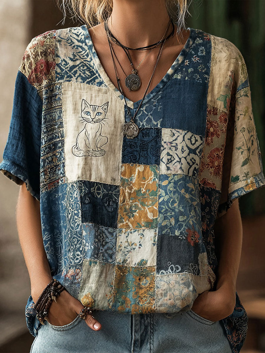 T-shirt Casual impressão arte gato feminino