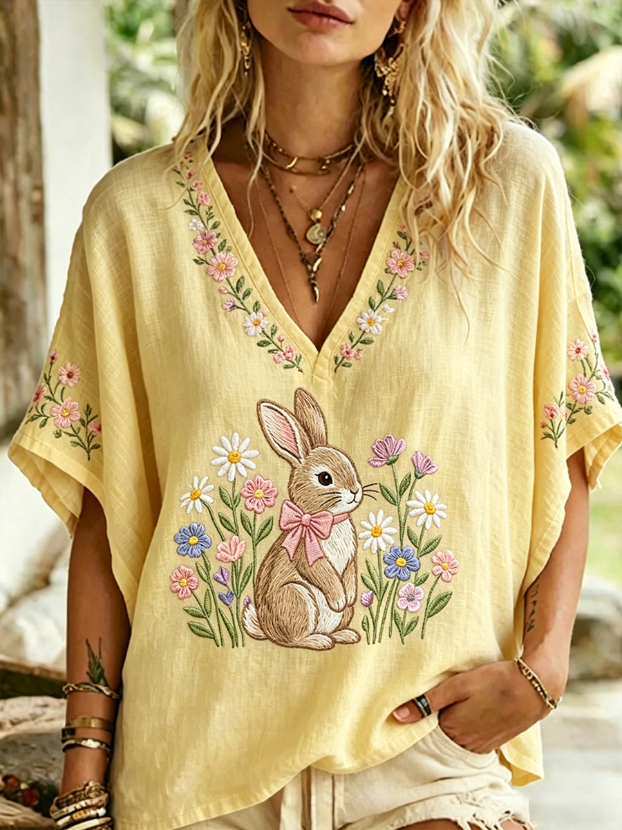 Casual V-Neck Top feminino com estampa animal e floral