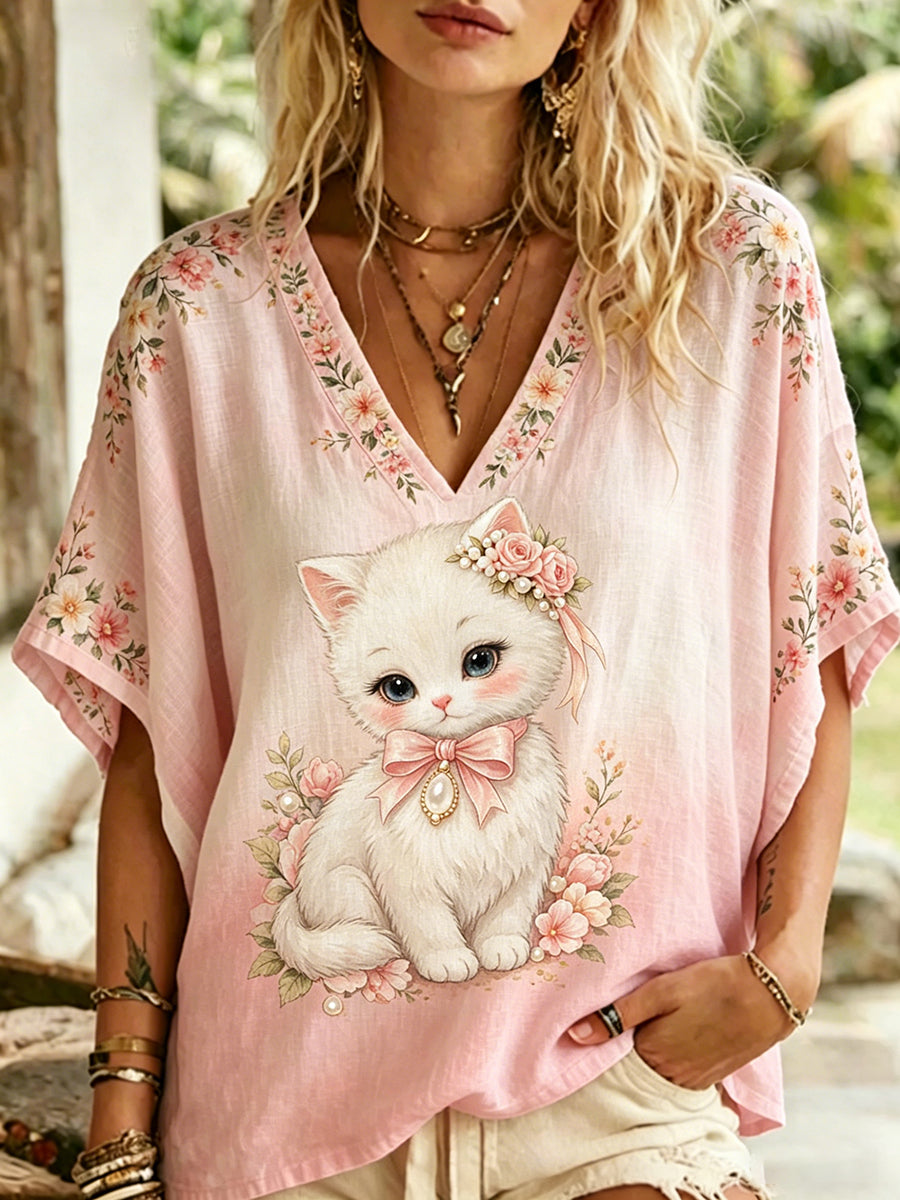 Blusa casual feminina com decote em V e estampa de animais e flores