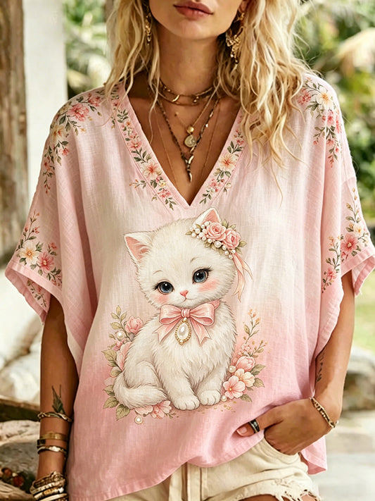 Blusa casual feminina com decote em V e estampa de animais e flores