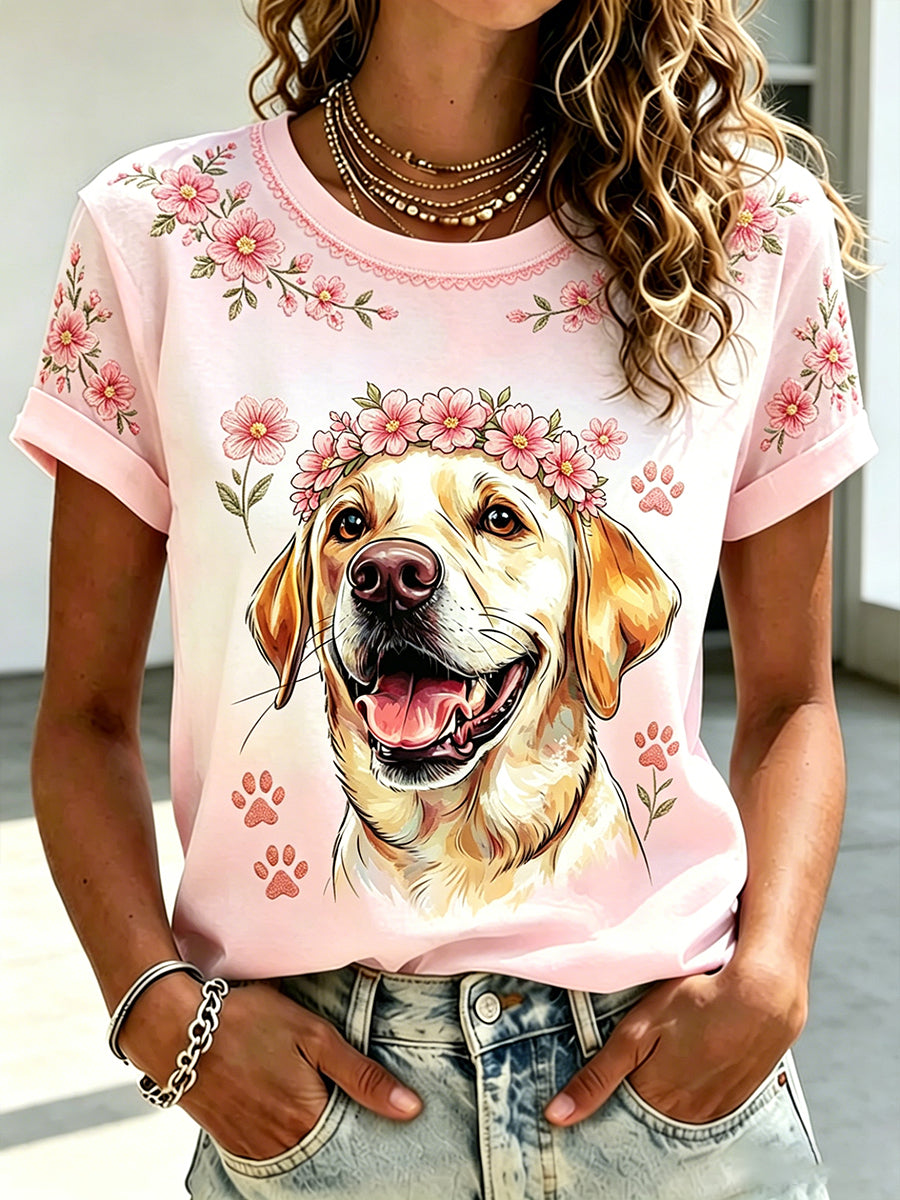 Camiseta casual feminina com estampa de animais e flores