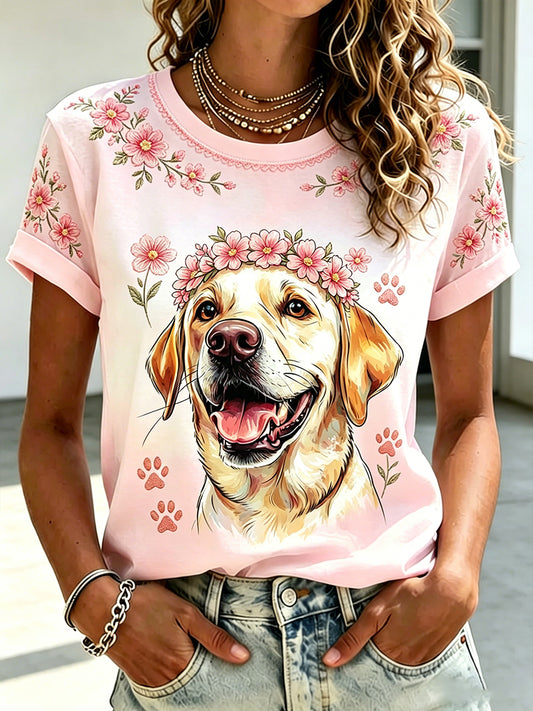 Camiseta casual feminina com estampa de animais e flores