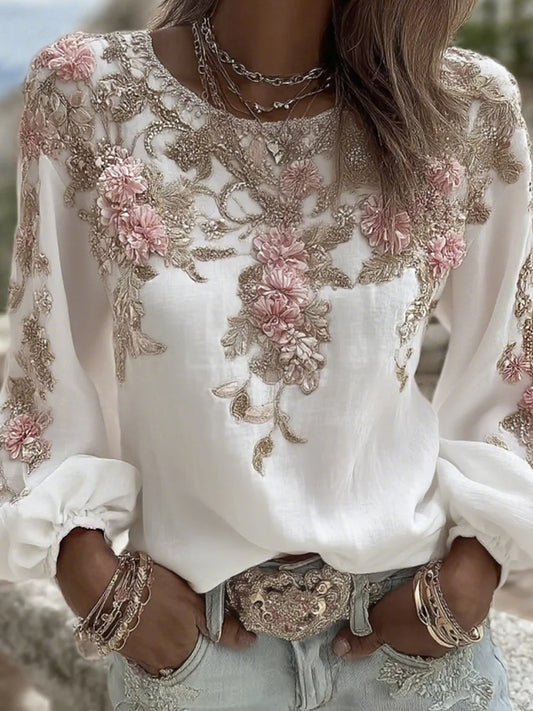 Arte Floral Vintage impressão Casual algodão feminino-Top de linho
