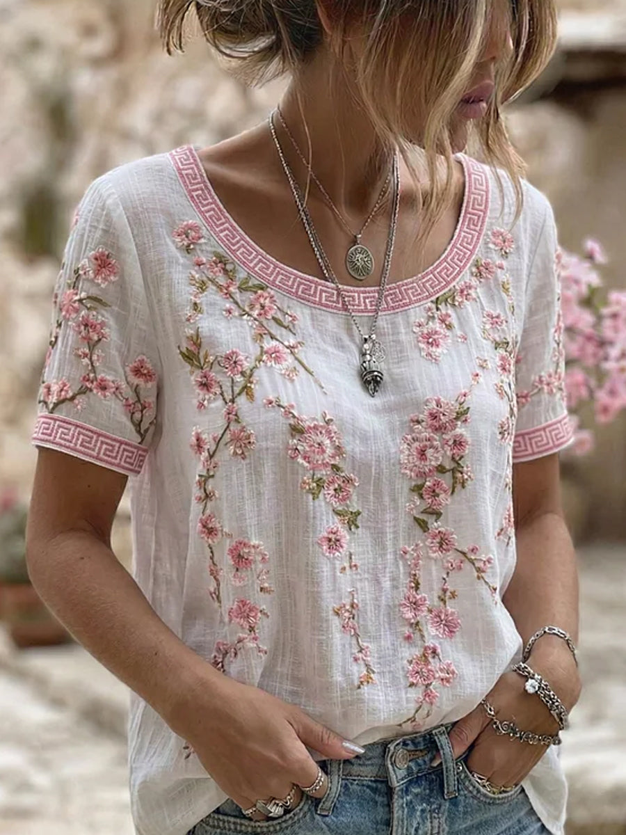 Arte Floral Retro Imprimir Casual Algodão-Linho T-shirt