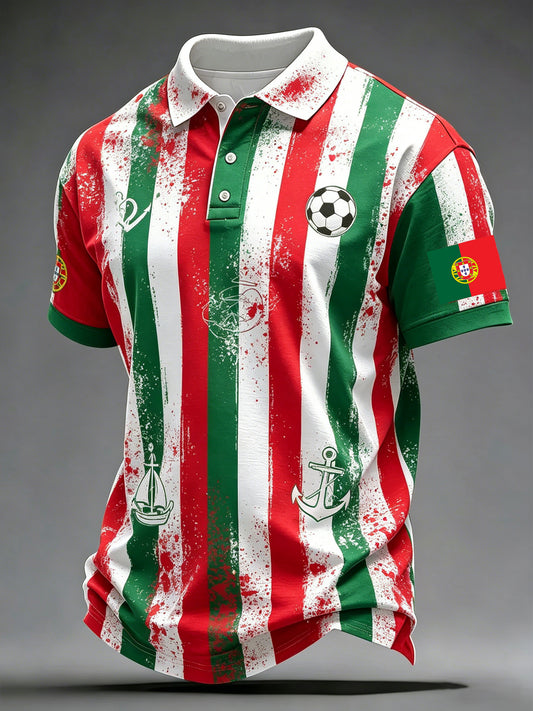 Camisa polo de manga curta com estampa artística temática de torcida para jogos de futebol da seleção de Portugal