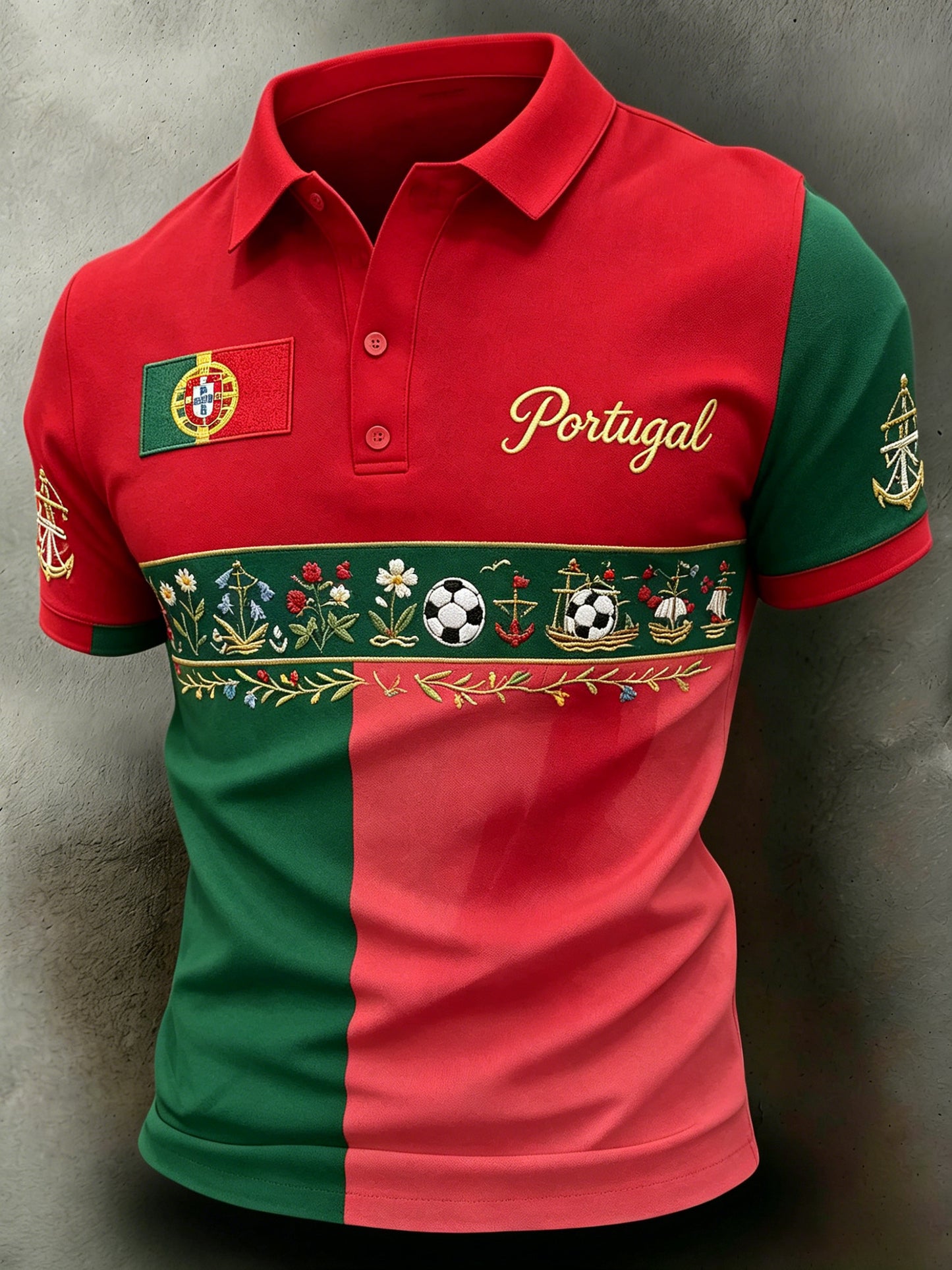 Camisa polo de manga curta com estampa artística temática de torcida para jogos de futebol da seleção de Portugal