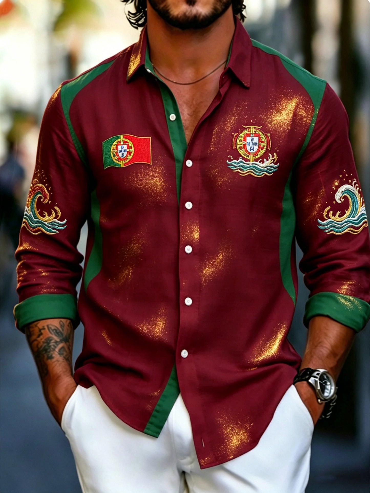 Camisa Manga Longa Masculina com Estampa de Futebol Artístico Portugal