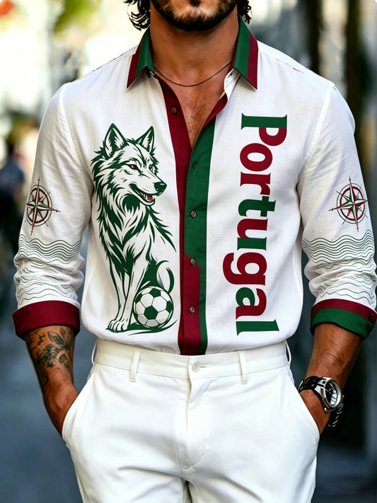 Camisa de Manga Comprida Masculina com Estampa Artística de Torcedor de Futebol de Portugal