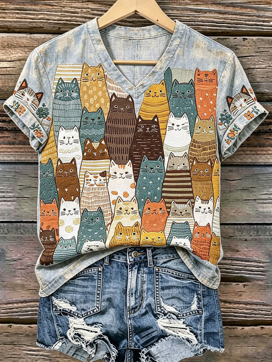 T-shirt Casual impressão artística de gato feminino