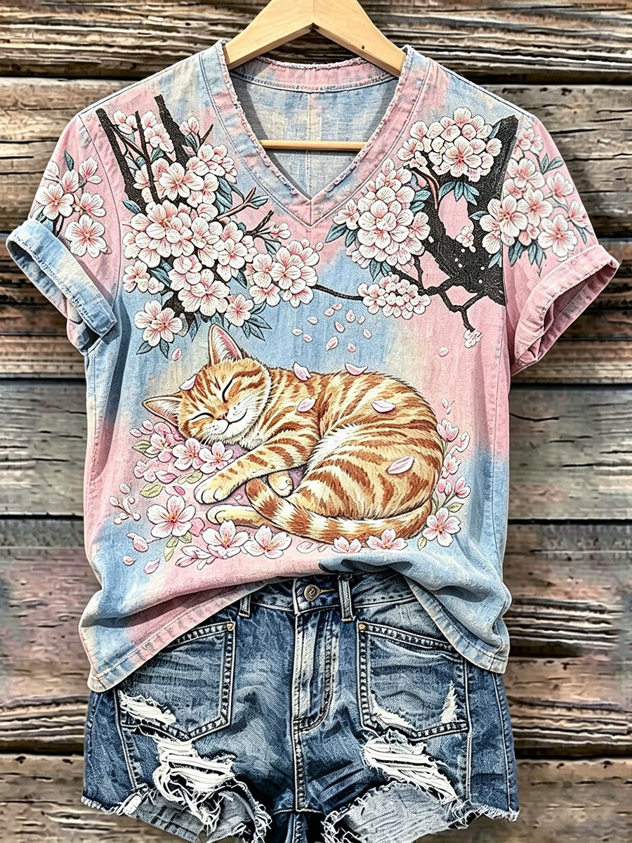 Camiseta Casual com Estampa de Gato para Mulheres