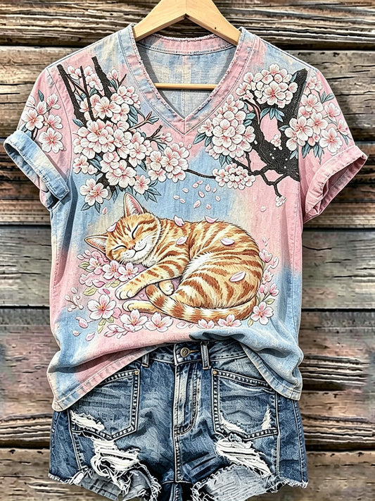 Camiseta Casual com Estampa de Gato para Mulheres