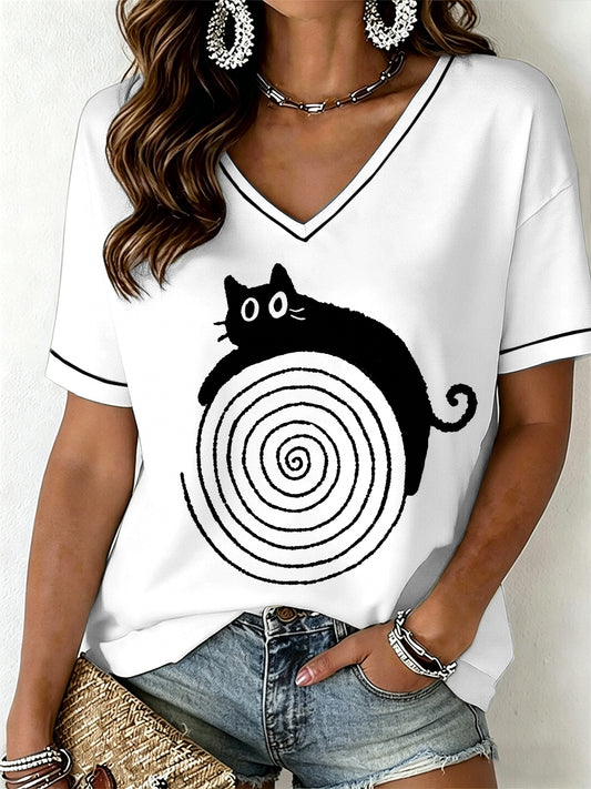 T-shirt engraçada do gato V-Neck das mulheres