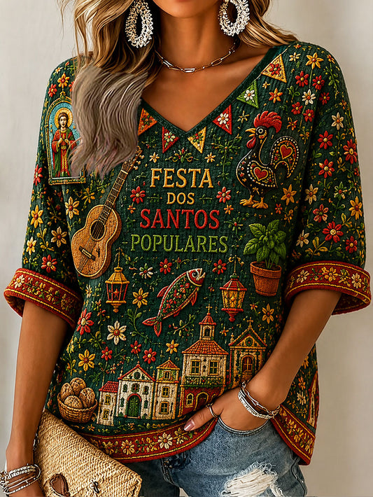 T-shirt feminina com estampa artística dos Santos Populares